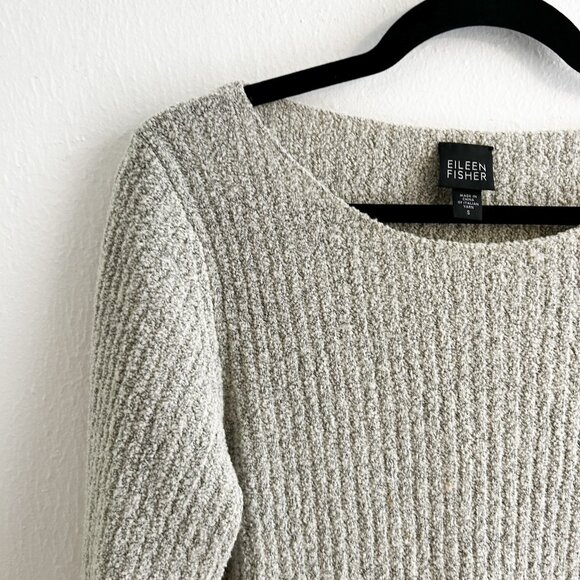 EILEEN FISHER Bouclé Wool/Nylon Pullover Pocket Sweater in Oatmeal Heather - Picture 3 of 7